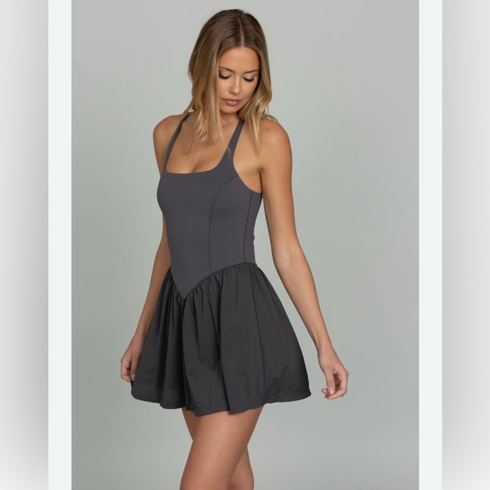 Gold Hinge Peppercorn cross back corset dress dark gray built in short size Med